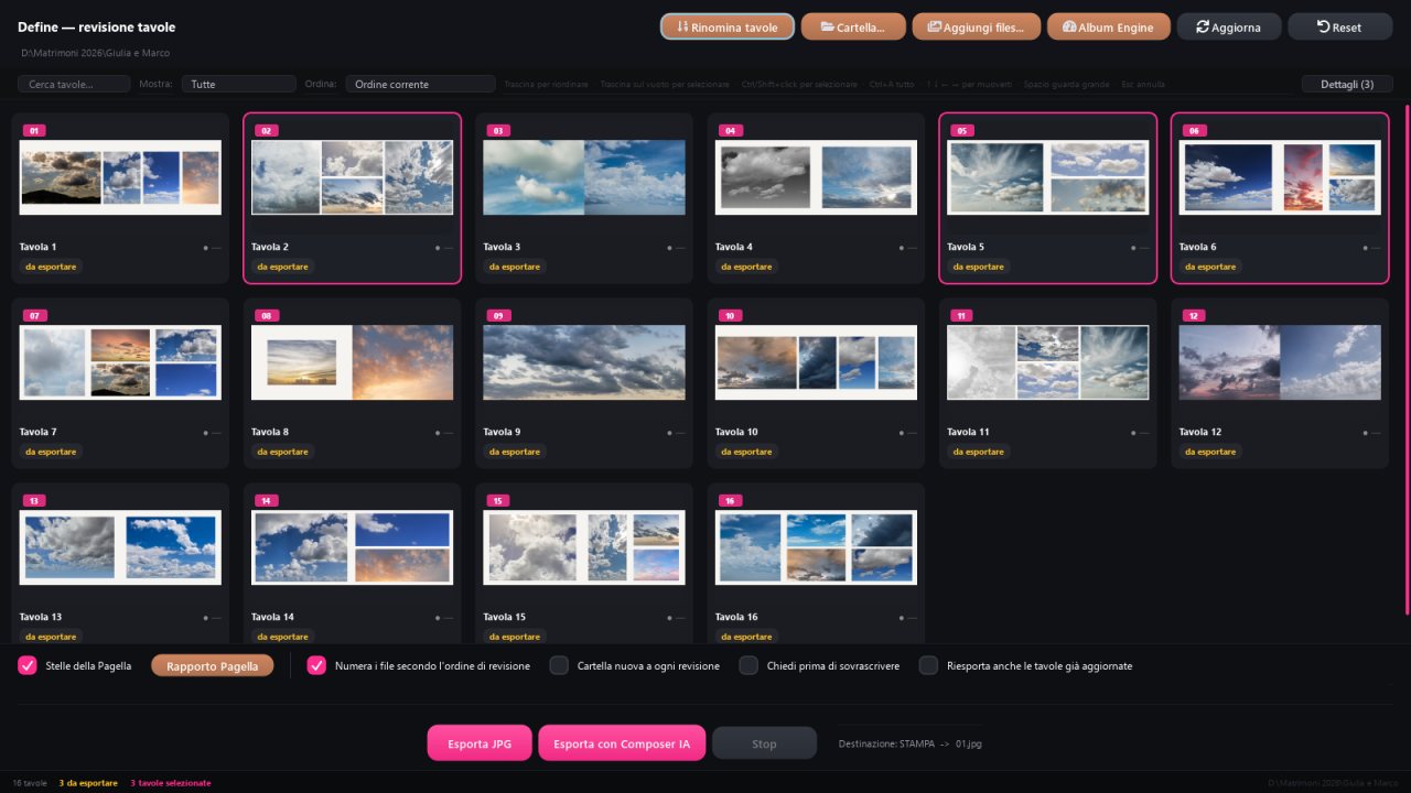 Define by Composer: the wedding album spread grid to review and export