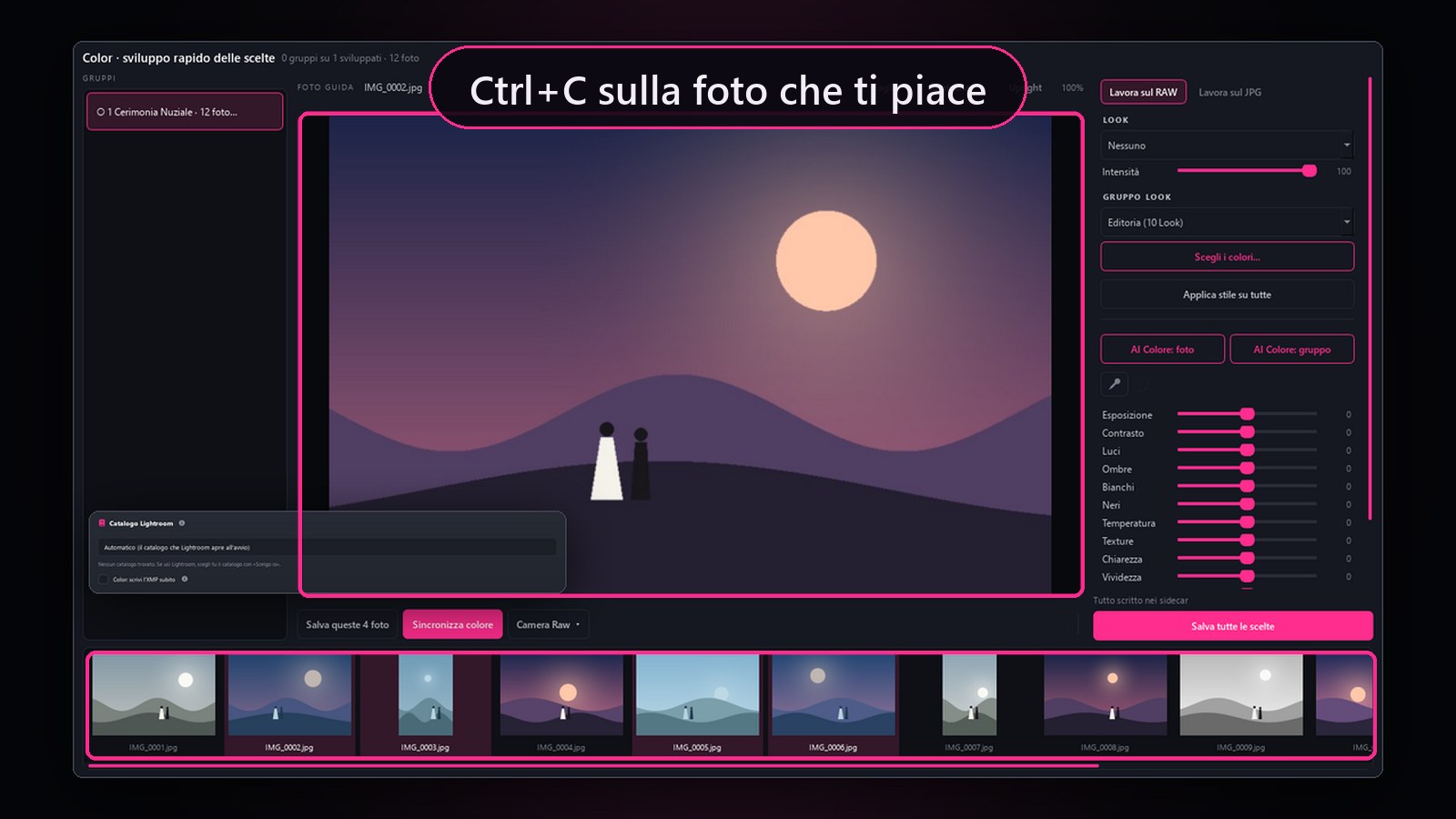 Color: Ctrl+C on the photo you like, Ctrl+V on the others and the color changes to all at once
