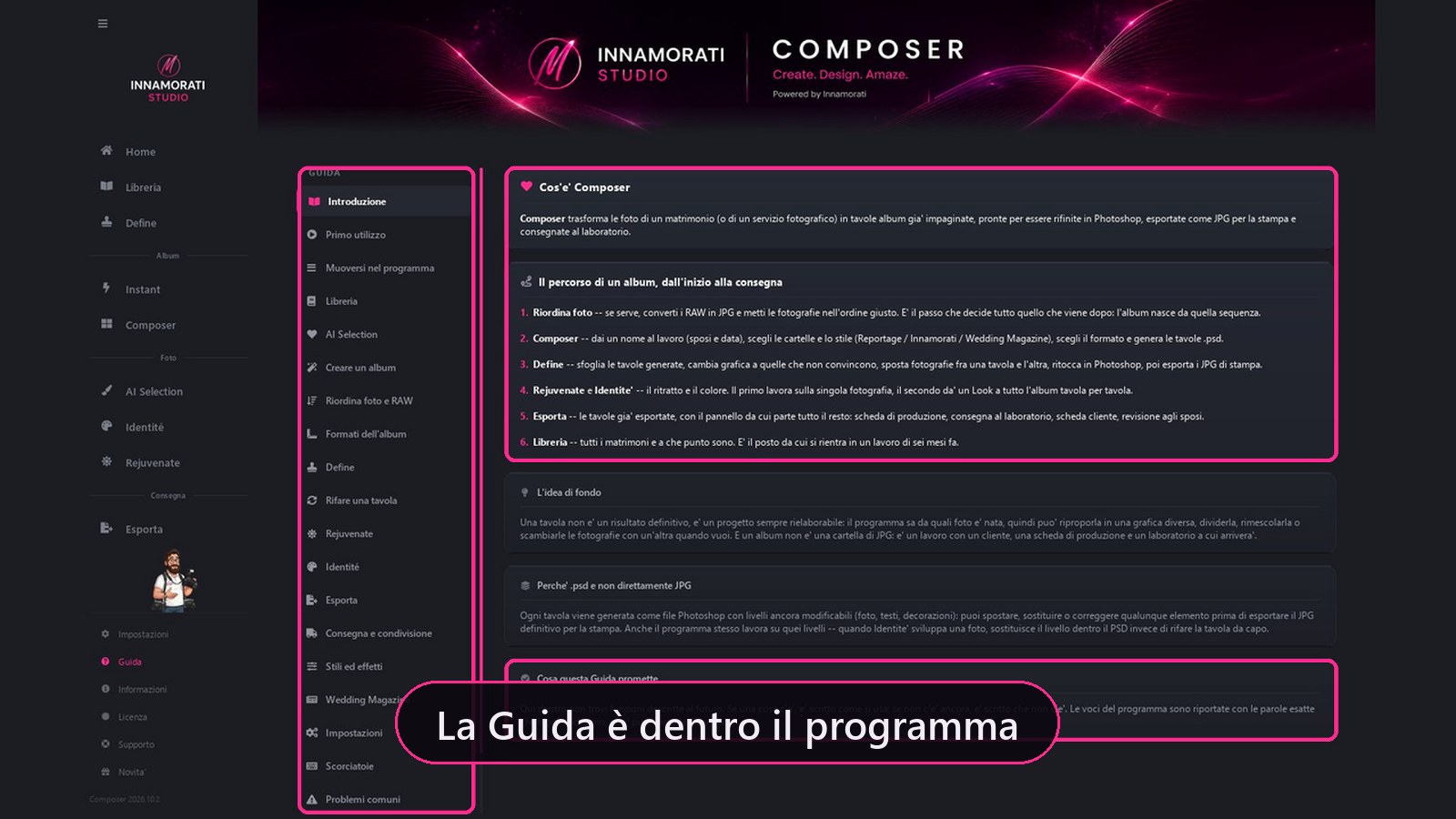 La Guida interna di Composer: una sezione per ogni passo del lavoro