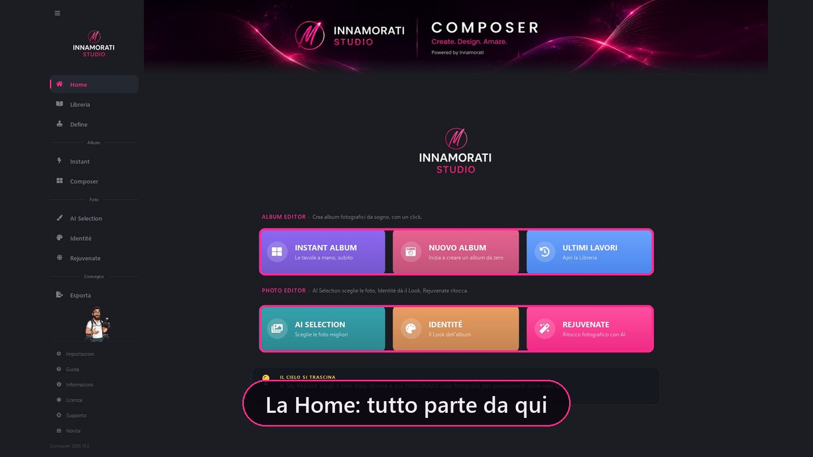 La Home di Composer: Album Editor con Instant, Nuovo album e Ultimi lavori; Photo Editor con AI Selection, Identité e Rejuvenate