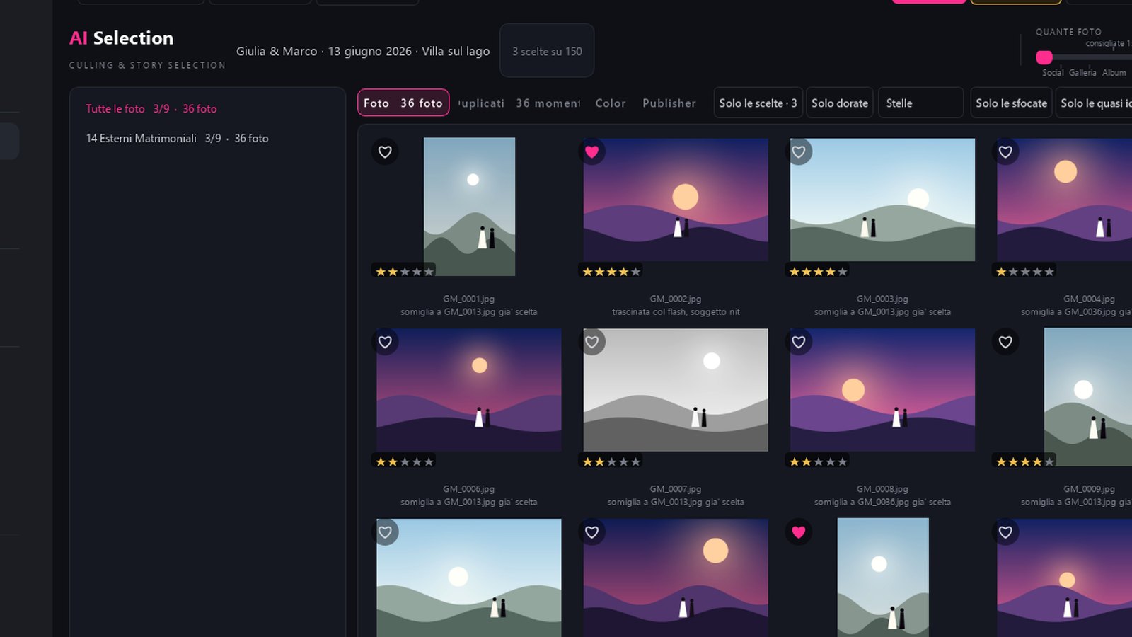 The Composer Library: wedding albums and AI Selection jobs on one page, each with its status