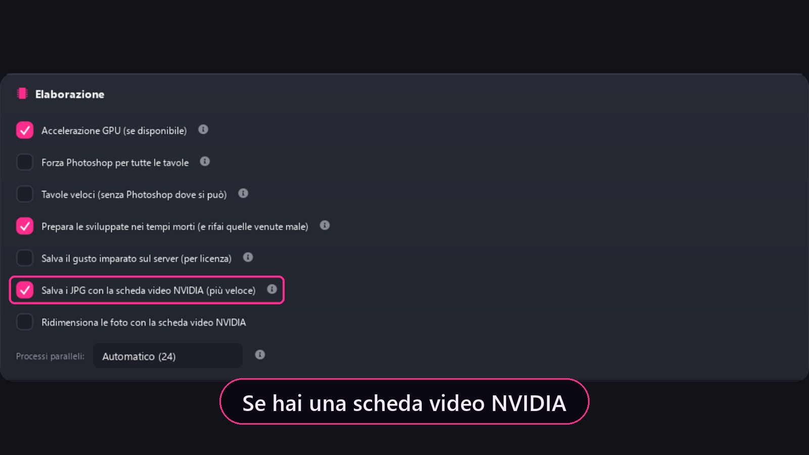 Impostazioni, Prestazioni: «Salva i JPG con la scheda video NVIDIA» per JPG più veloci