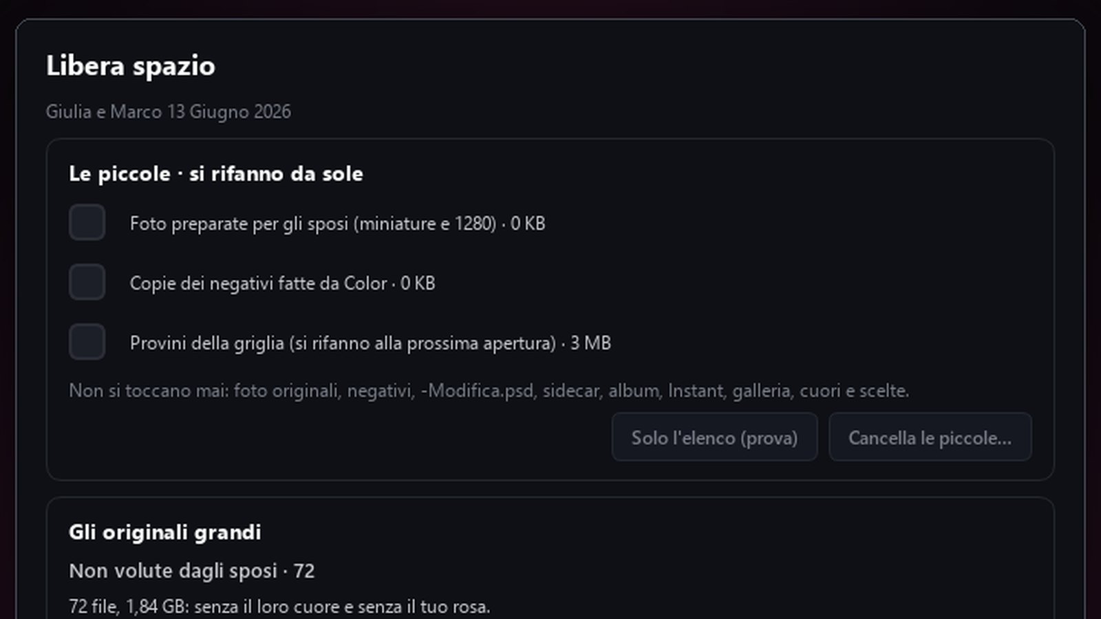 Free up space: files that rebuild themselves and unwanted originals, always with a confirmation
