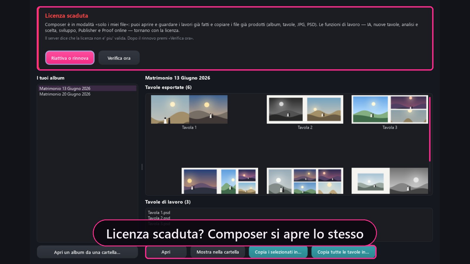Licenza scaduta: Composer si apre in modalità «solo i miei file» e permette di copiare album, tavole, JPG e PSD già fatti