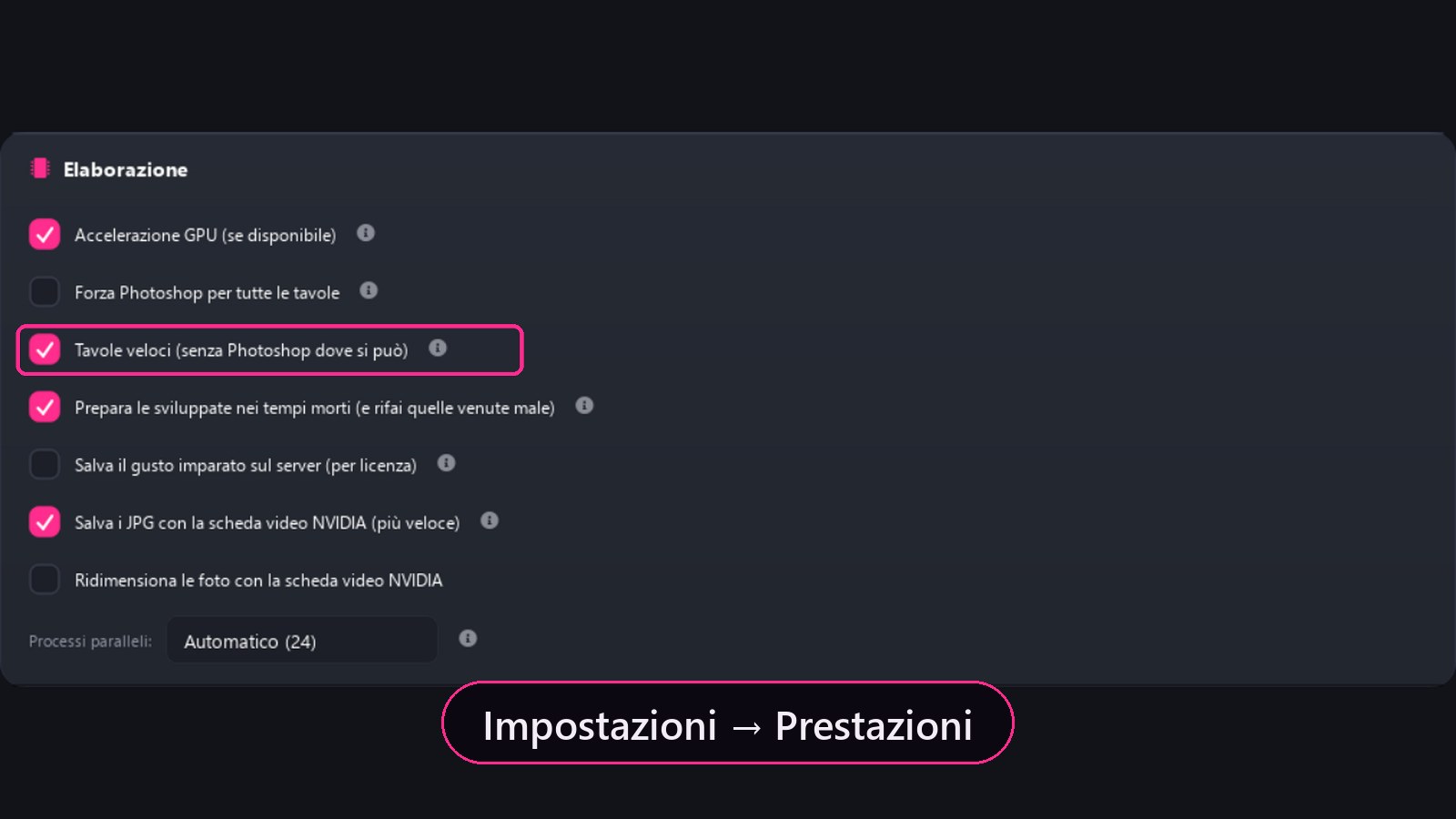 Impostazioni, Prestazioni: l'opzione «Tavole veloci» per tavole più rapide