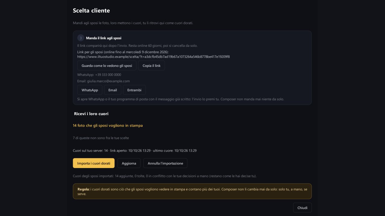 The Client choice window in Composer's AI Selection: the link for the couple and their hearts, ready to import as golden hearts