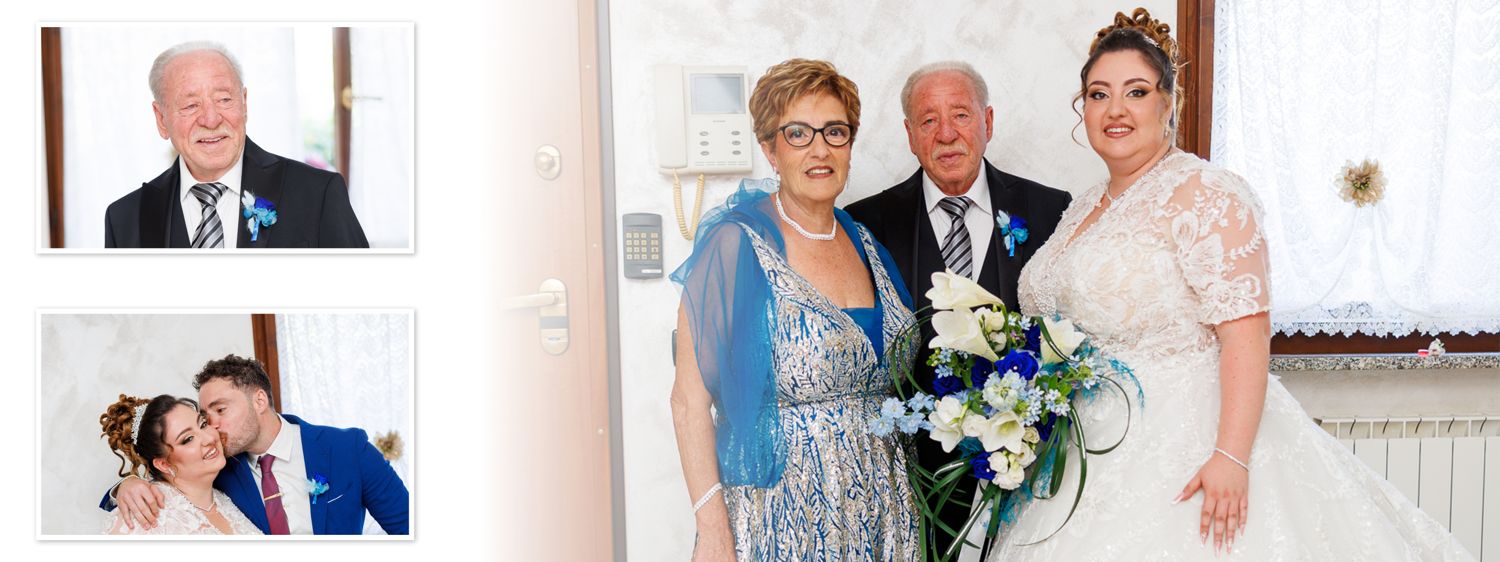 Reportage style wedding album spread: three photos in clear boxes on a white background