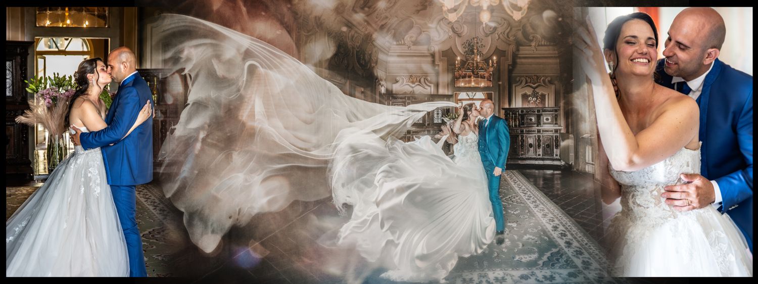 Wedding album spread in the Innamorati blended style: the couple's photos blend into one another